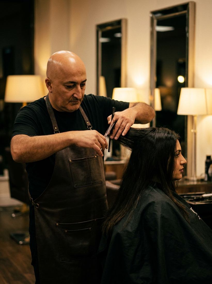 Reuven cutting and styling a woman's hair in the salon